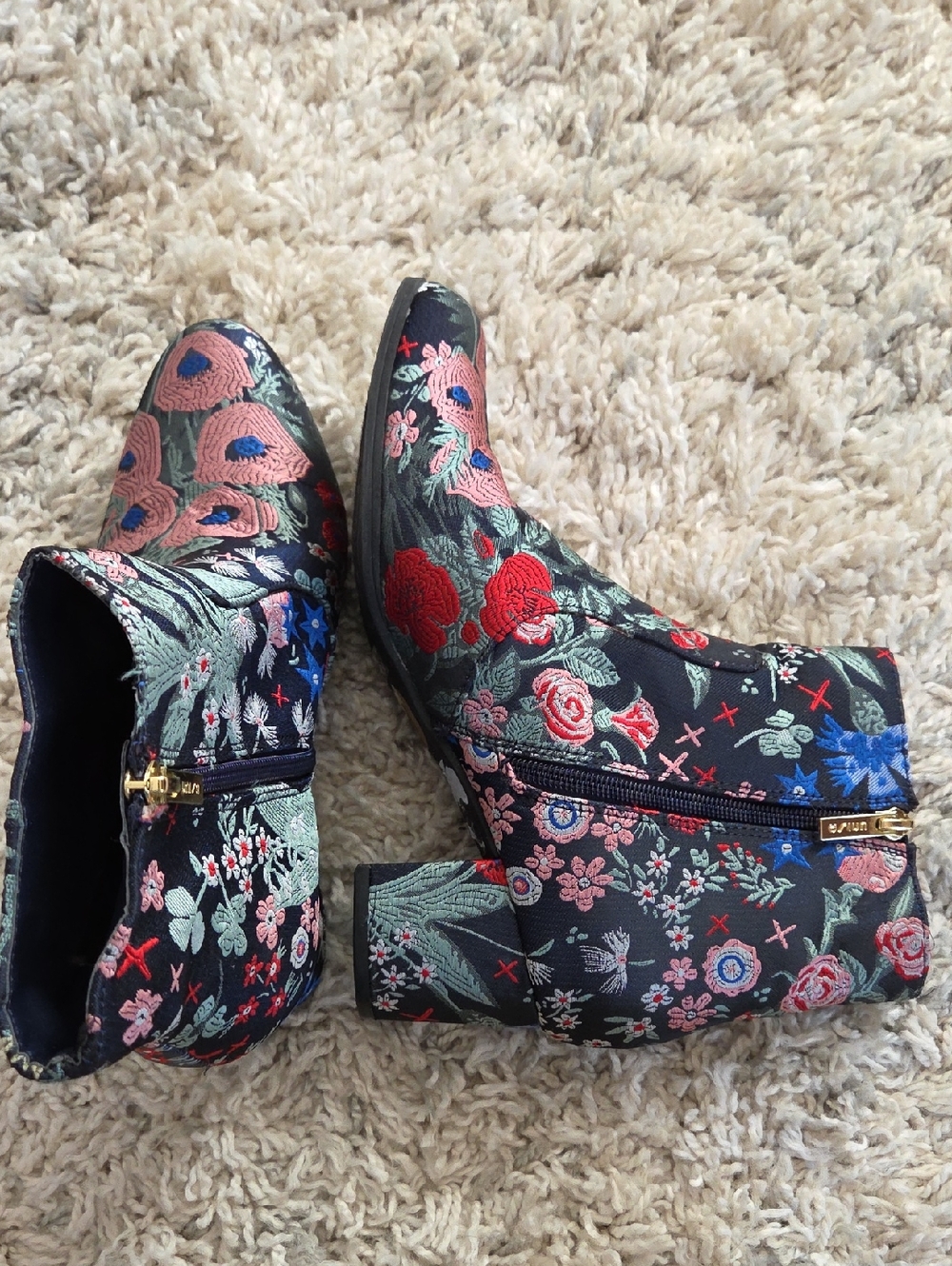 Unisa Navy Floral Embroidered Block Heel Ankle Boots